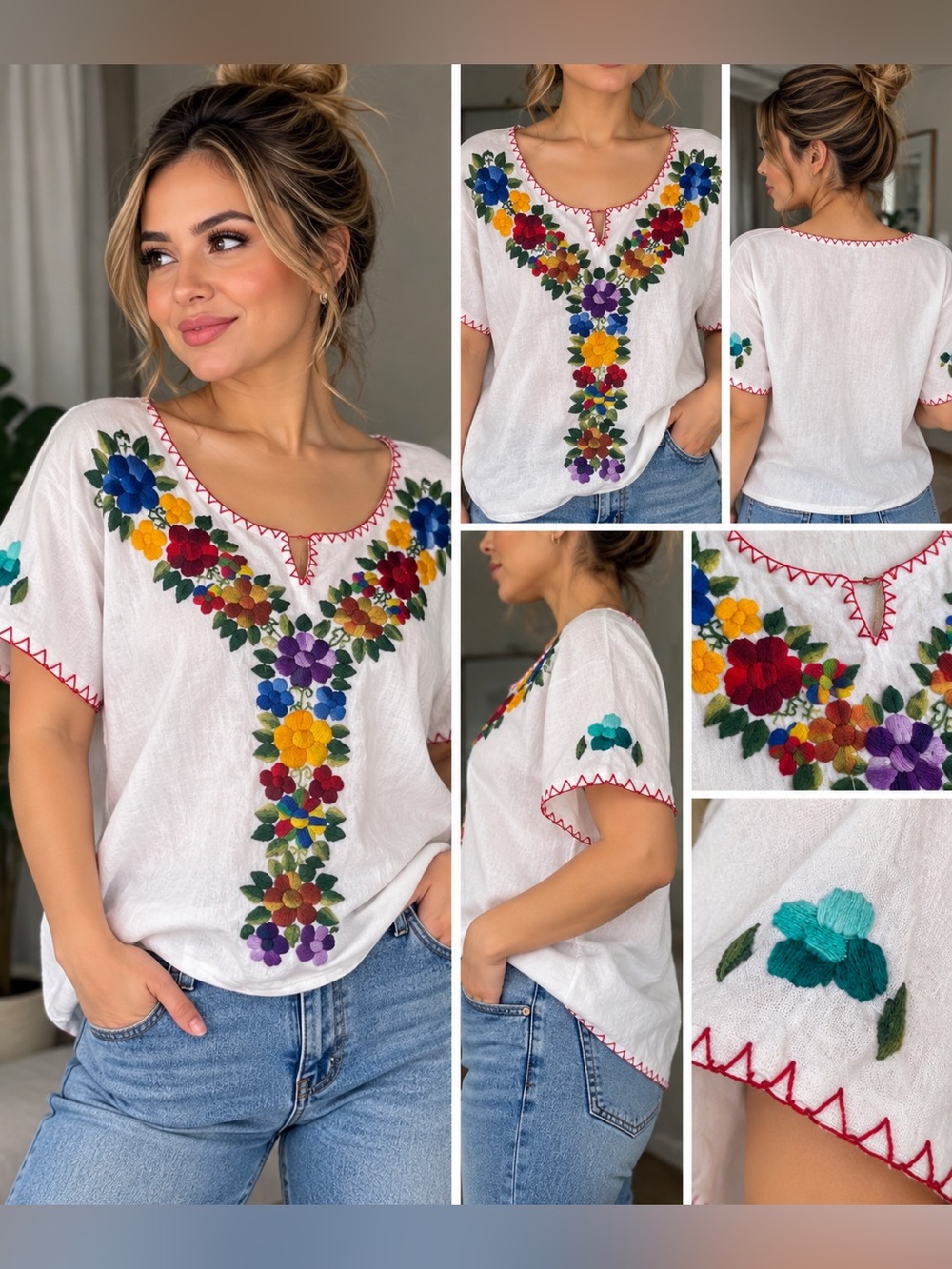 Embroidered White Floral Peasant Top